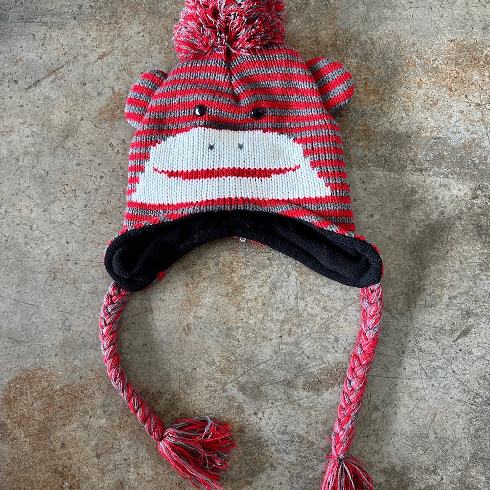 SUPER CUTE PAUL FRANK style Warm RED Knit Cap Fleece Lined Pompom Knit Ties